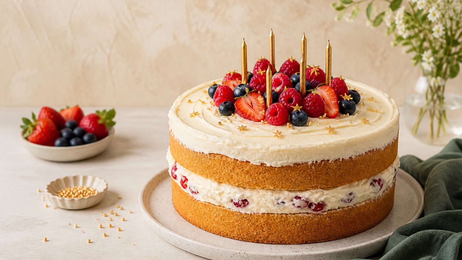Vanilla layer birthday cake with berries and gold sugar stars