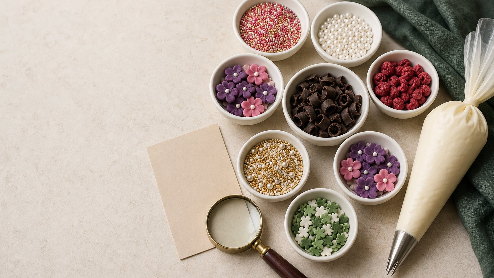 Bowls of sprinkles, sugar pearls, chocolate curls and fondant decorations