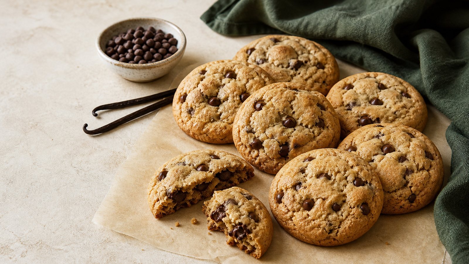 Golden chocolate chip cookies on parchment