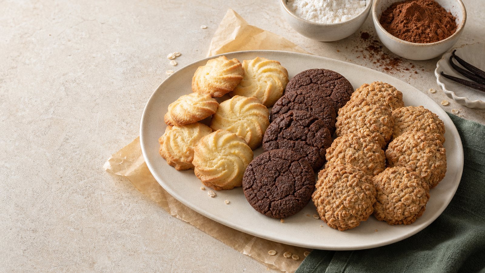 Assortment of homemade butter, cocoa and oat cookies