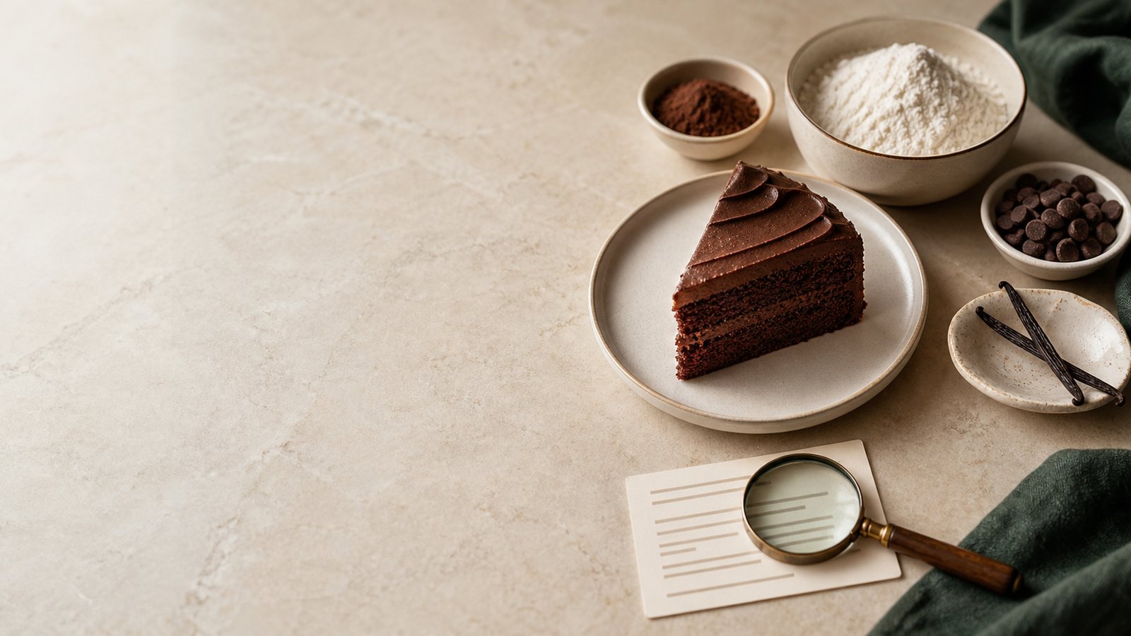 Chocolate cake, baking ingredients and a magnifying glass beside an ingredient label